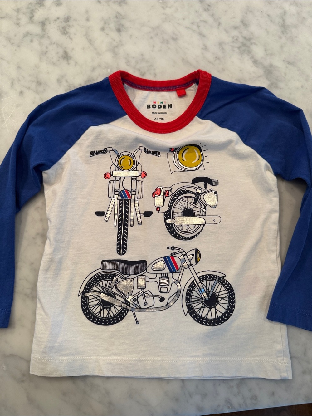 Mini Boden White Tee with Blue Raglan Sleeves and Red Neck Trim